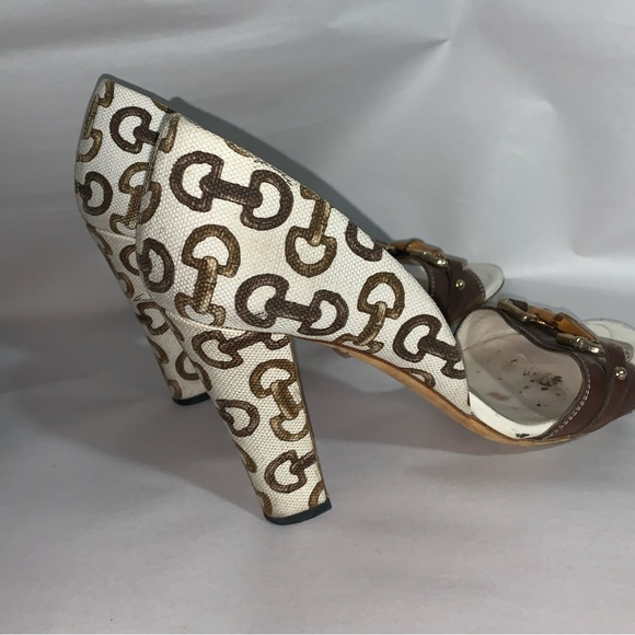 GUCCI size 39B cream linen block heel d'Orsay pumps with bamboo accent at vamp - Picture 9 of 14